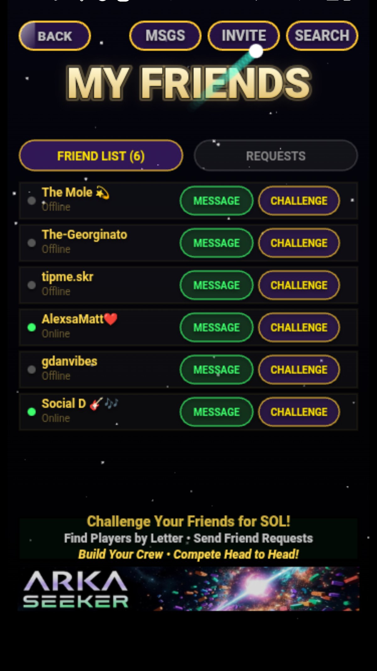 Friends list — message or challenge your crew head to head