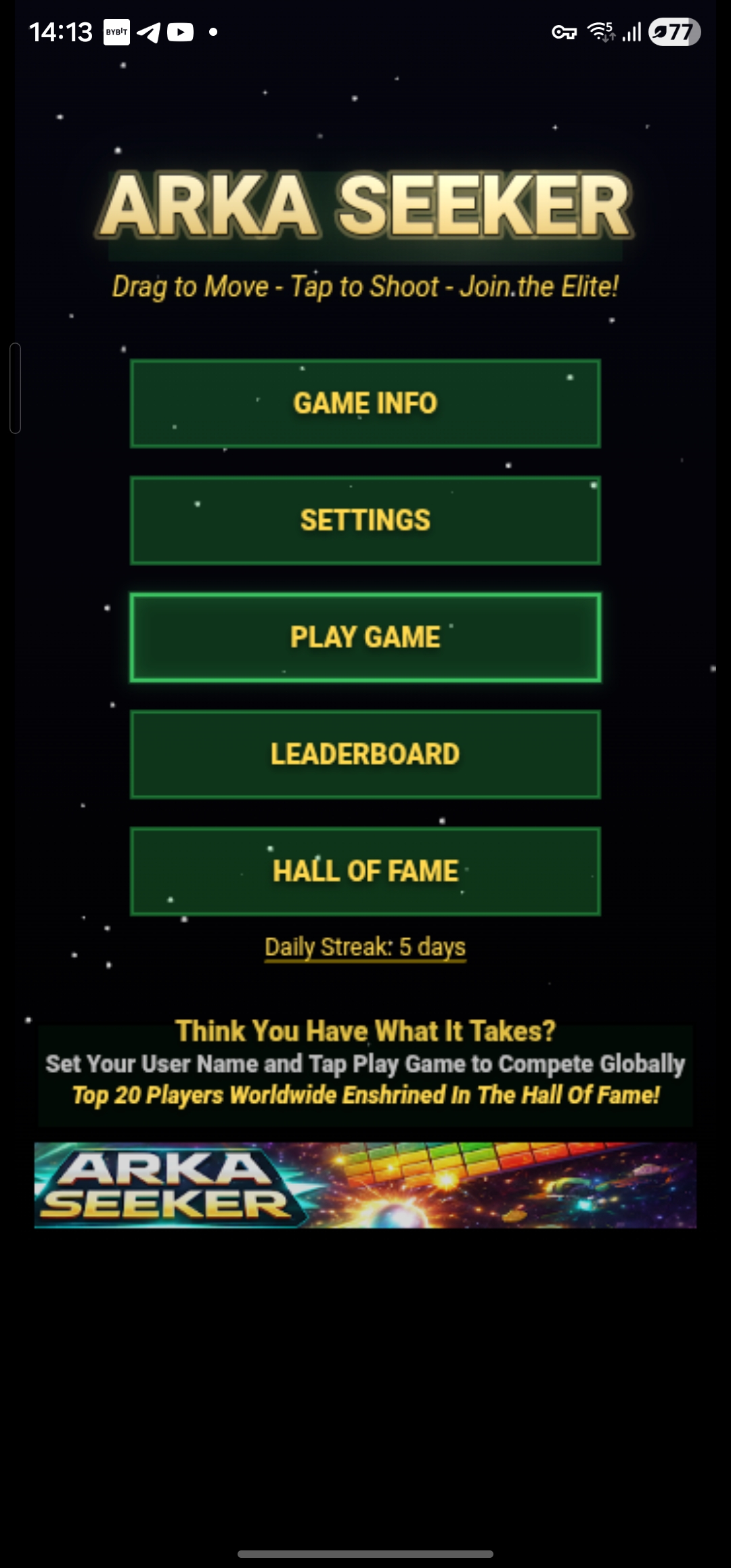 Arka Seeker — main menu