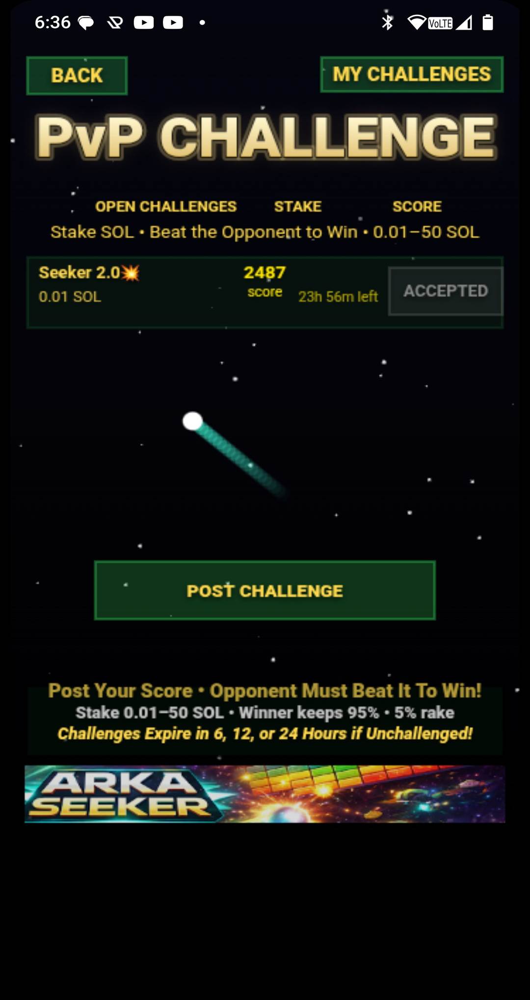 PVP Challenge lobby — open challenges with SOL stakes