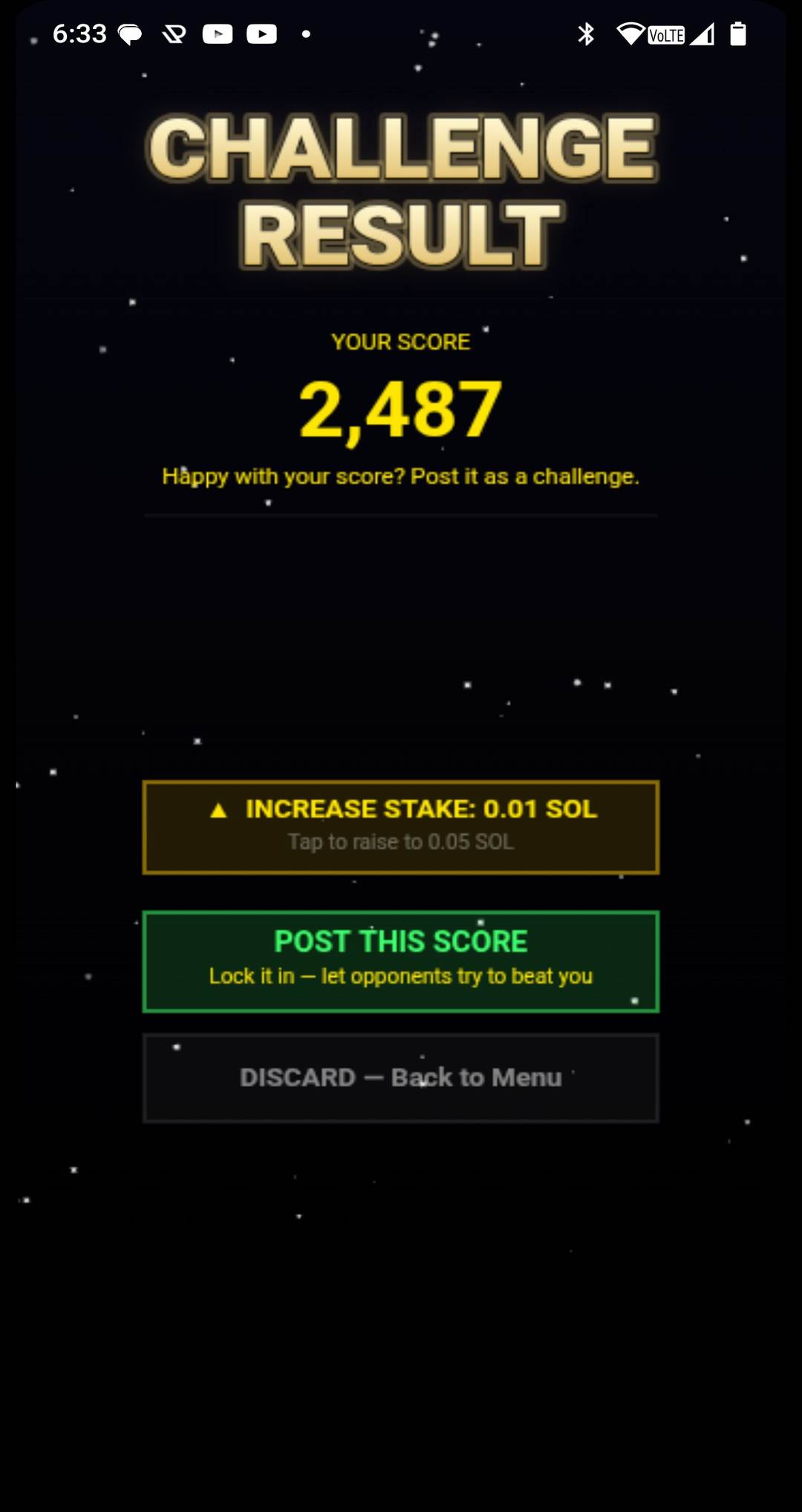 Post your score as a challenge — set your SOL stake