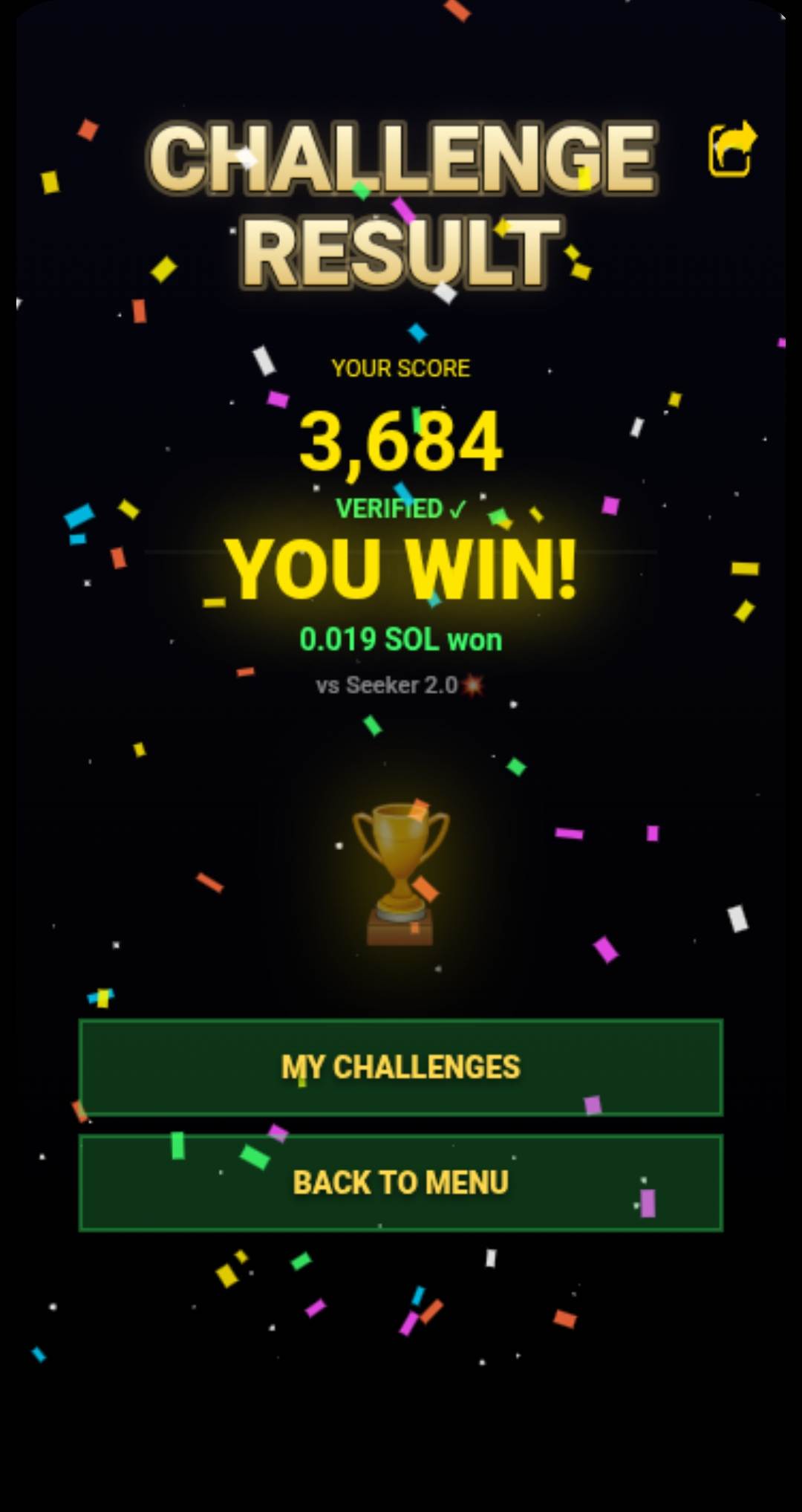 PVP win screen — YOU WIN with SOL payout and confetti