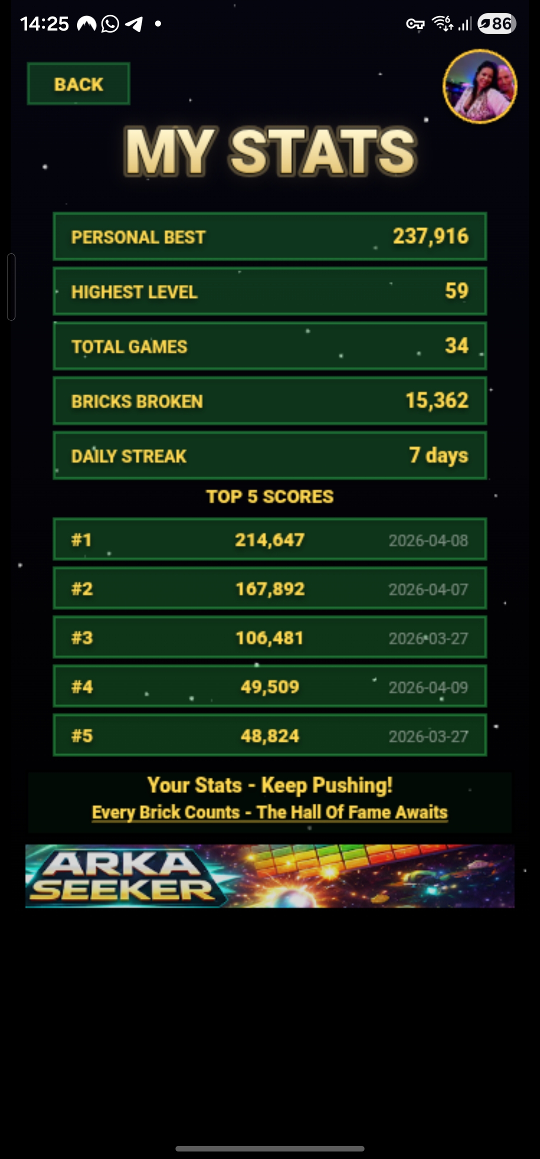 My Stats — personal bests and top scores