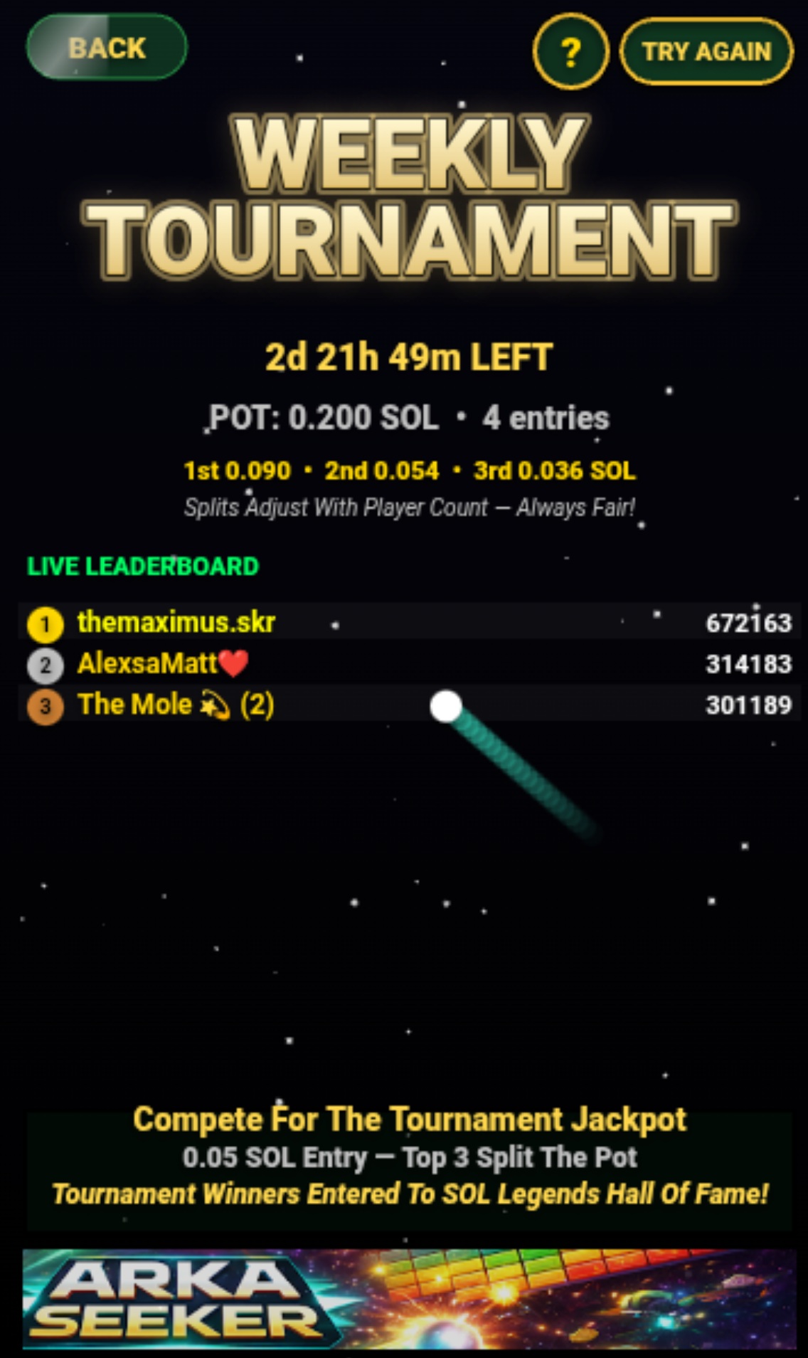 Weekly Tournament — live prize pool with top 3 splitting the pot
