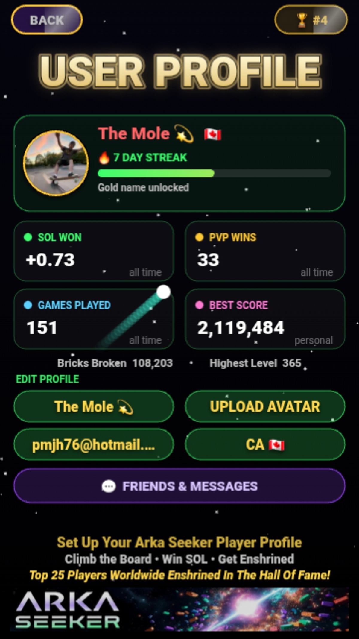 User Profile — SOL winnings, PvP wins, daily streak and worldwide rank